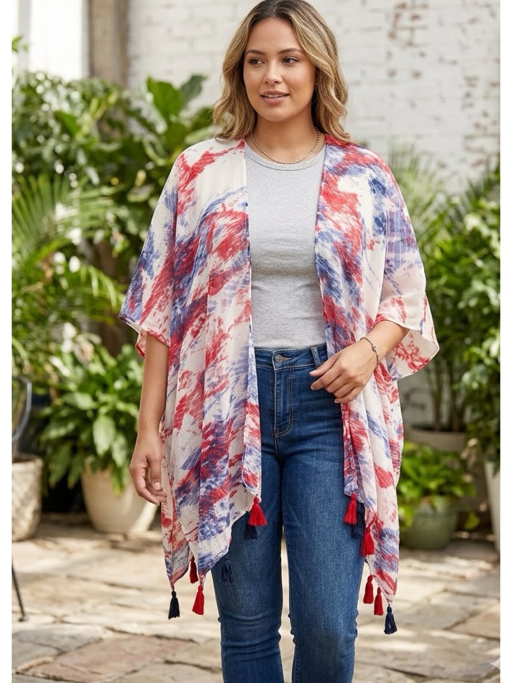 NWOT Steve Madden Red White And Blue Tassel Trim Ruana One Size Festival Fashion